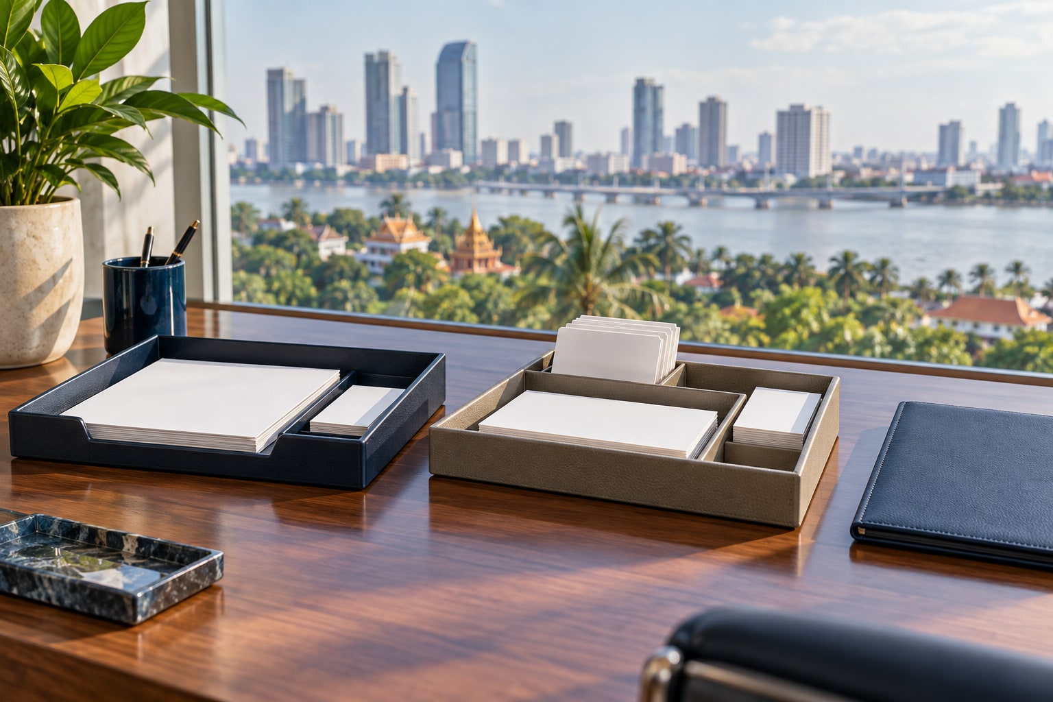 Two different blank application trays on a Phnom Penh desk