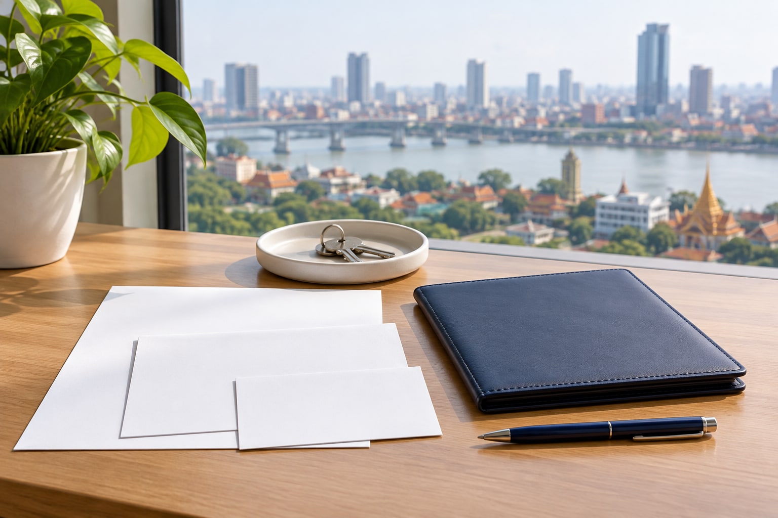 Blank application cards, apartment keys and a navy document folio