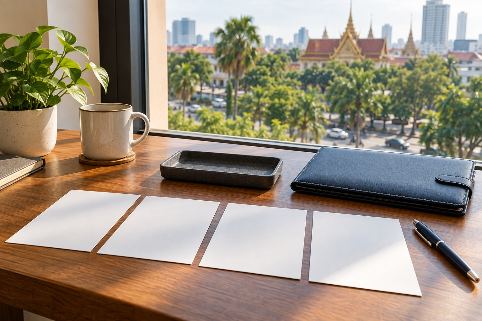 Four blank application records prepared beside a navy folio and pen