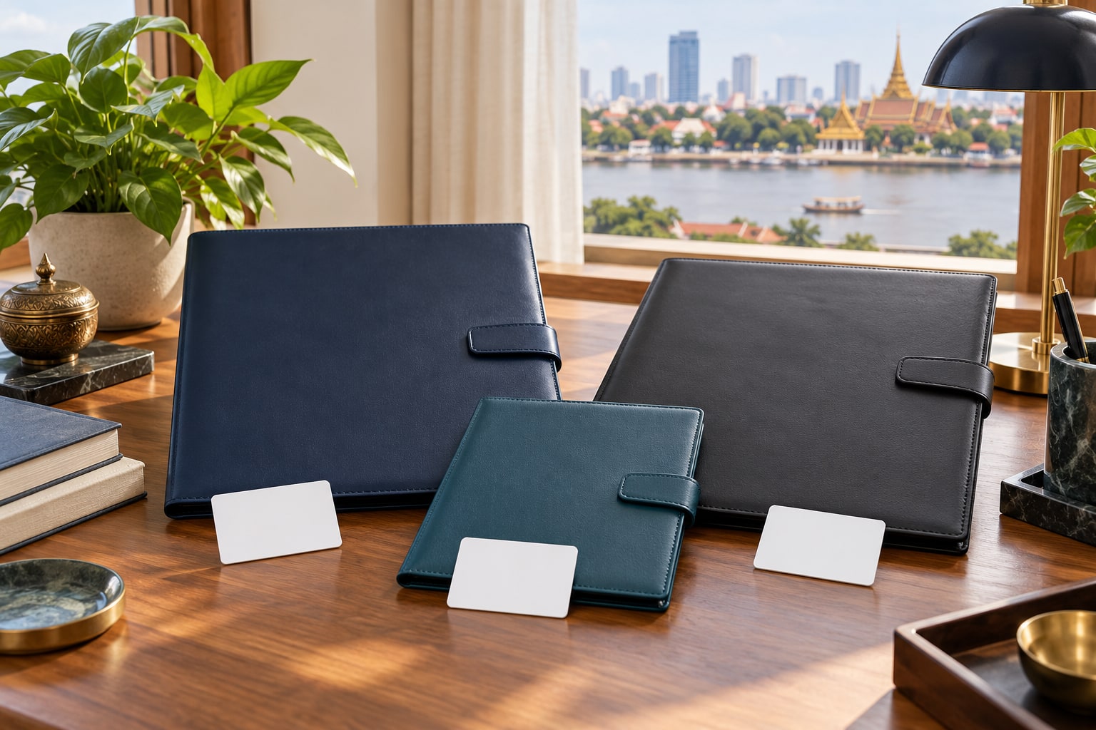 Three blank document folios in different sizes arranged together