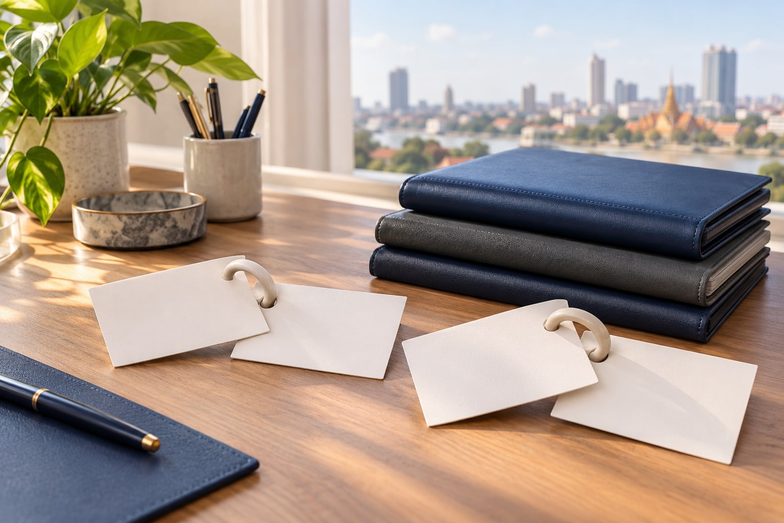 Linked pairs of blank application cards arranged on a light desk
