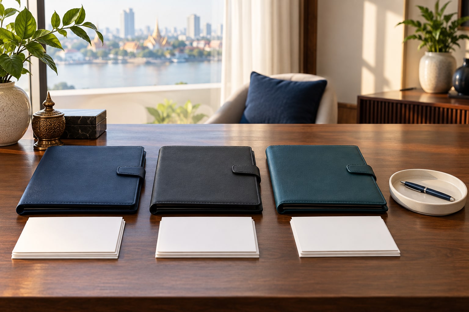 Three aligned blank document folios with matching record stacks