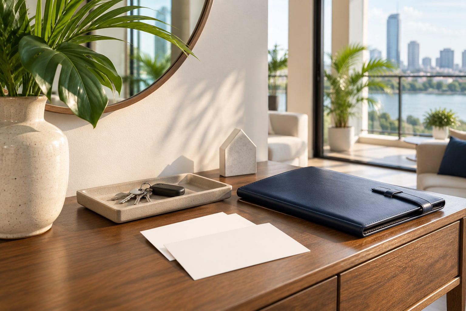 Apartment keys, blank accommodation cards and a navy folio in Phnom Penh