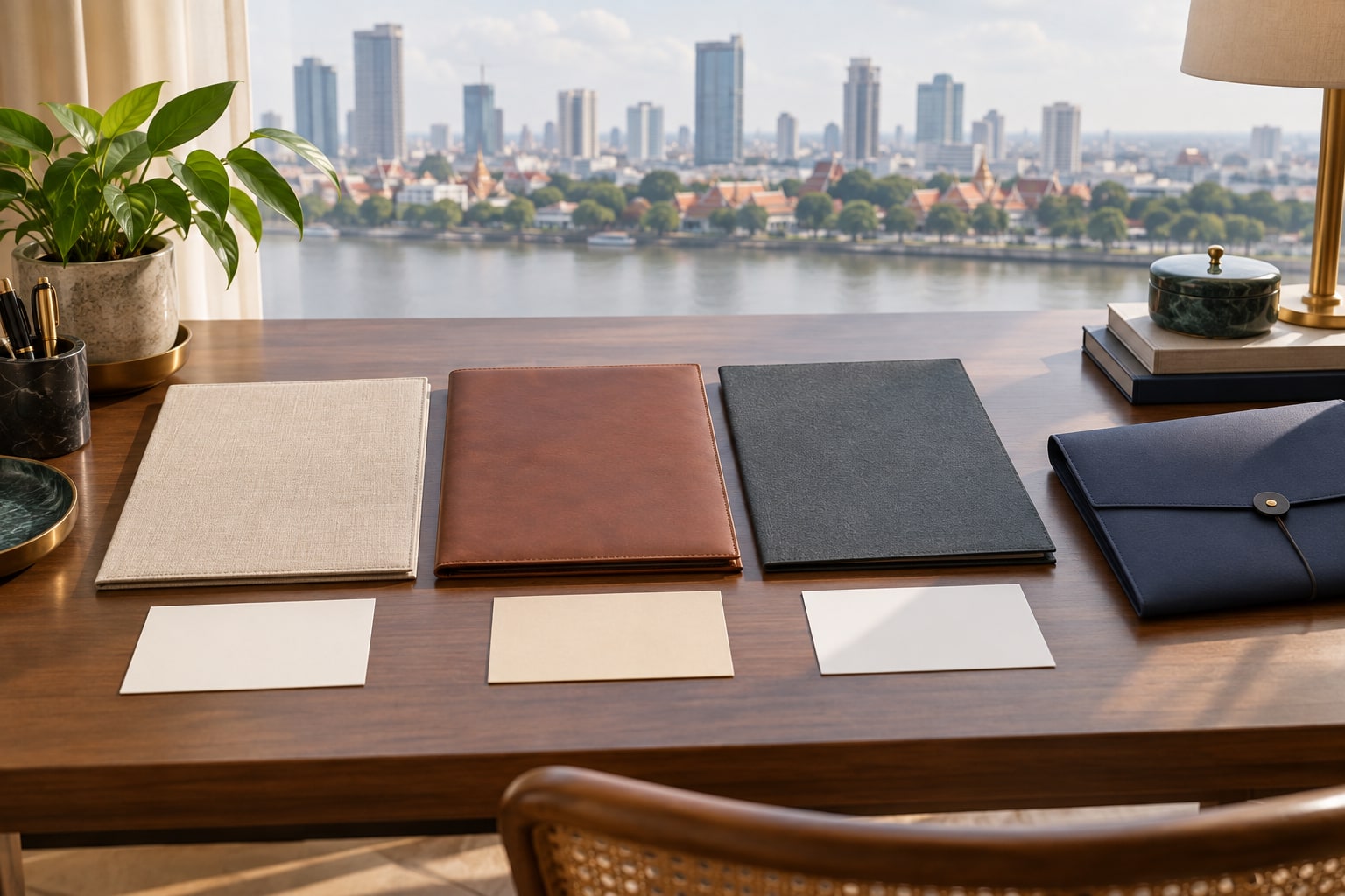 Three distinct blank source folders beside a navy receiving folio