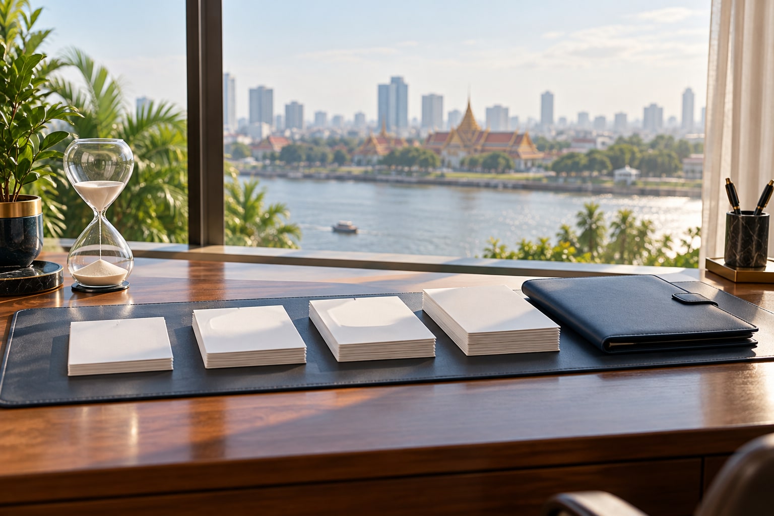Four growing document stacks beside an hourglass and archive folio