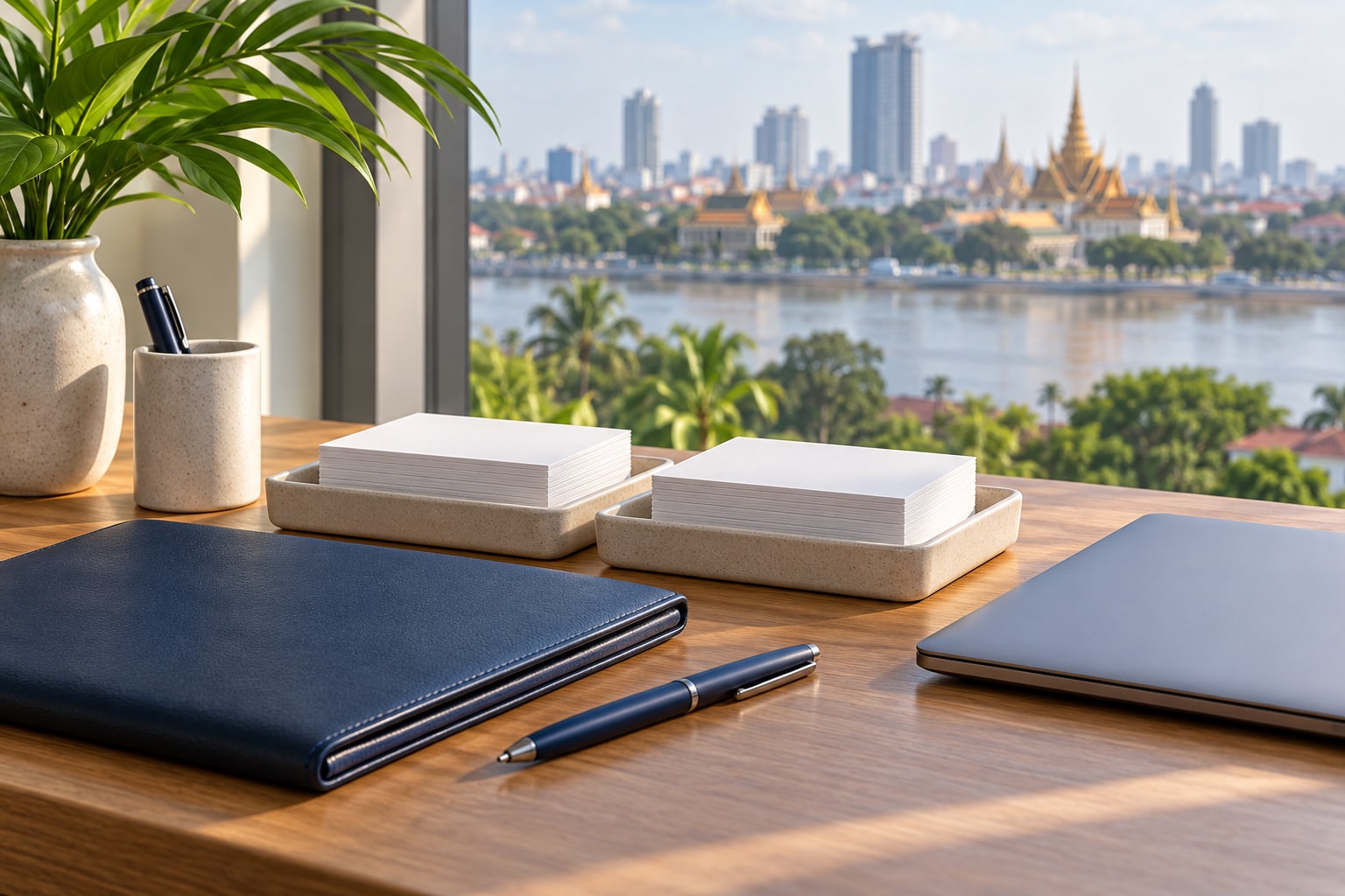 Two balanced stacks of blank employment records on a Phnom Penh compliance desk