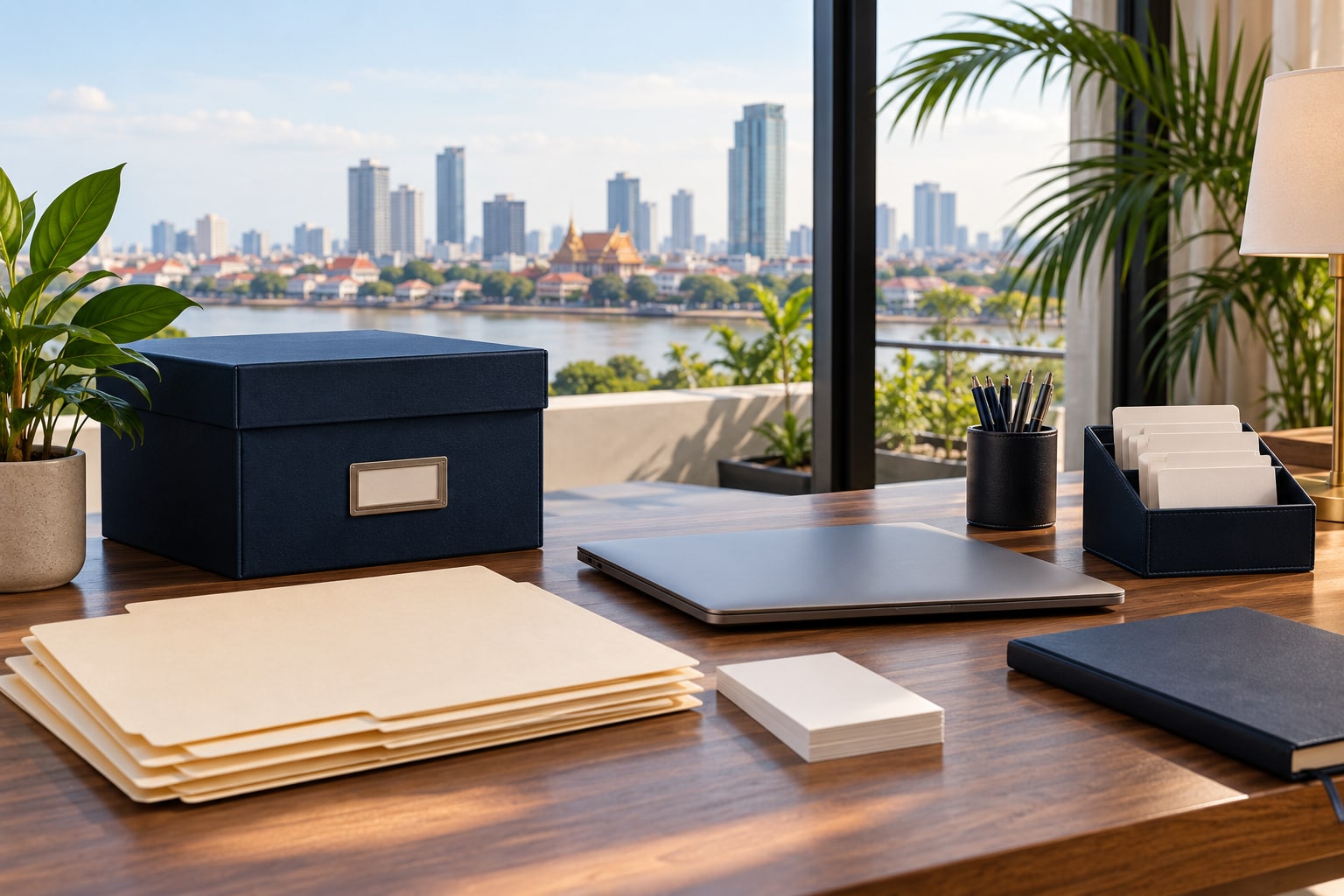 Organised folders and archive materials on a bright Phnom Penh office desk