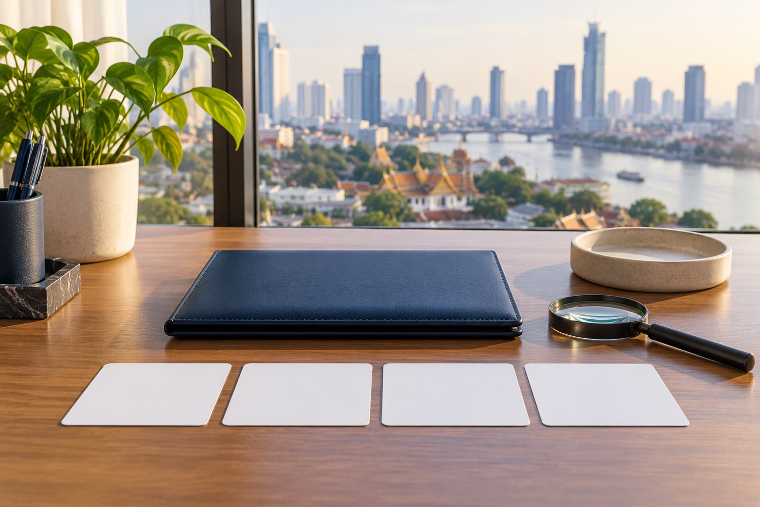Four aligned blank identity records beside a navy folio and magnifying glass