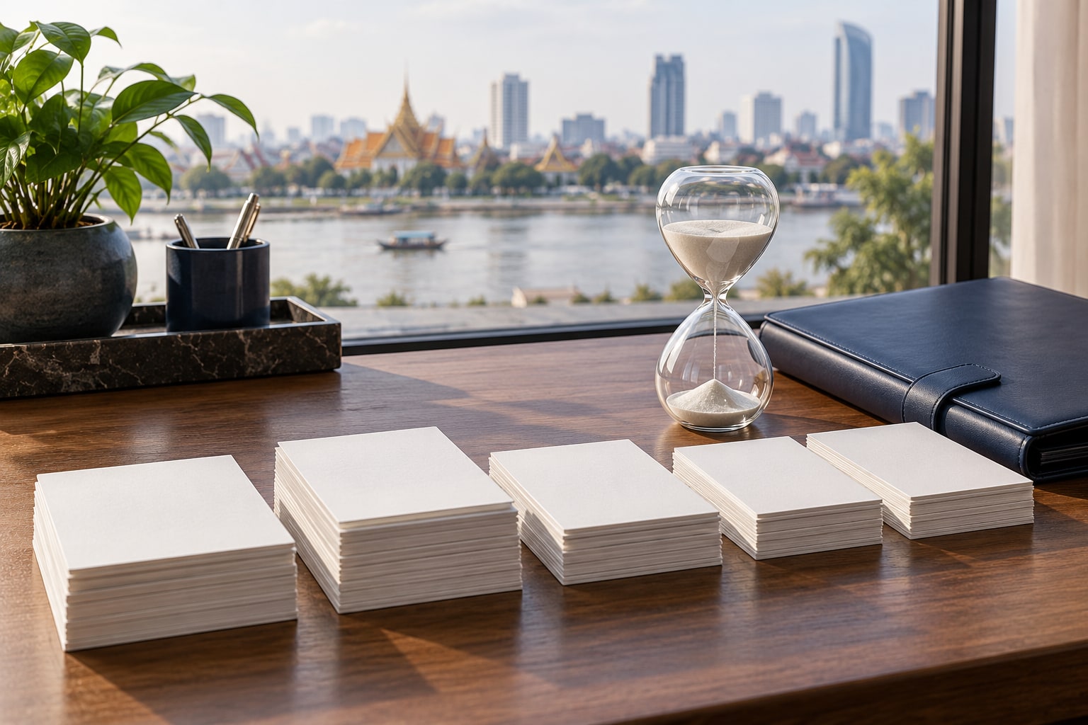 Blank record stacks and an hourglass arranged for day-count tracking