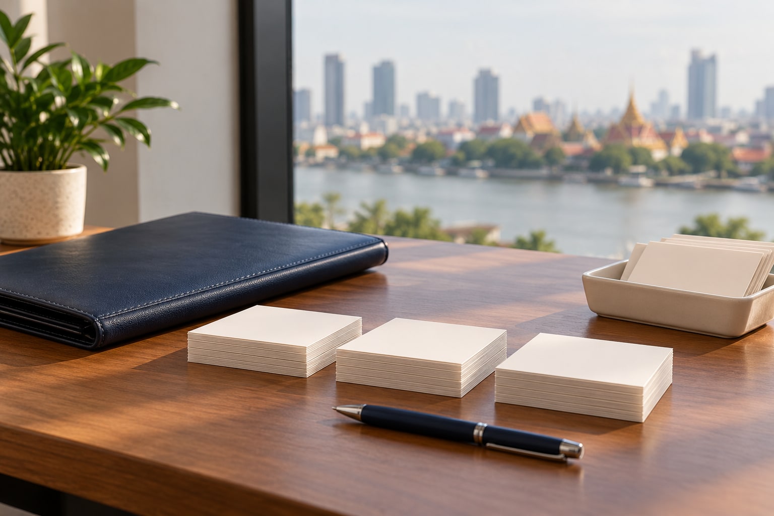 Three blank record stacks beside a document tray and pen