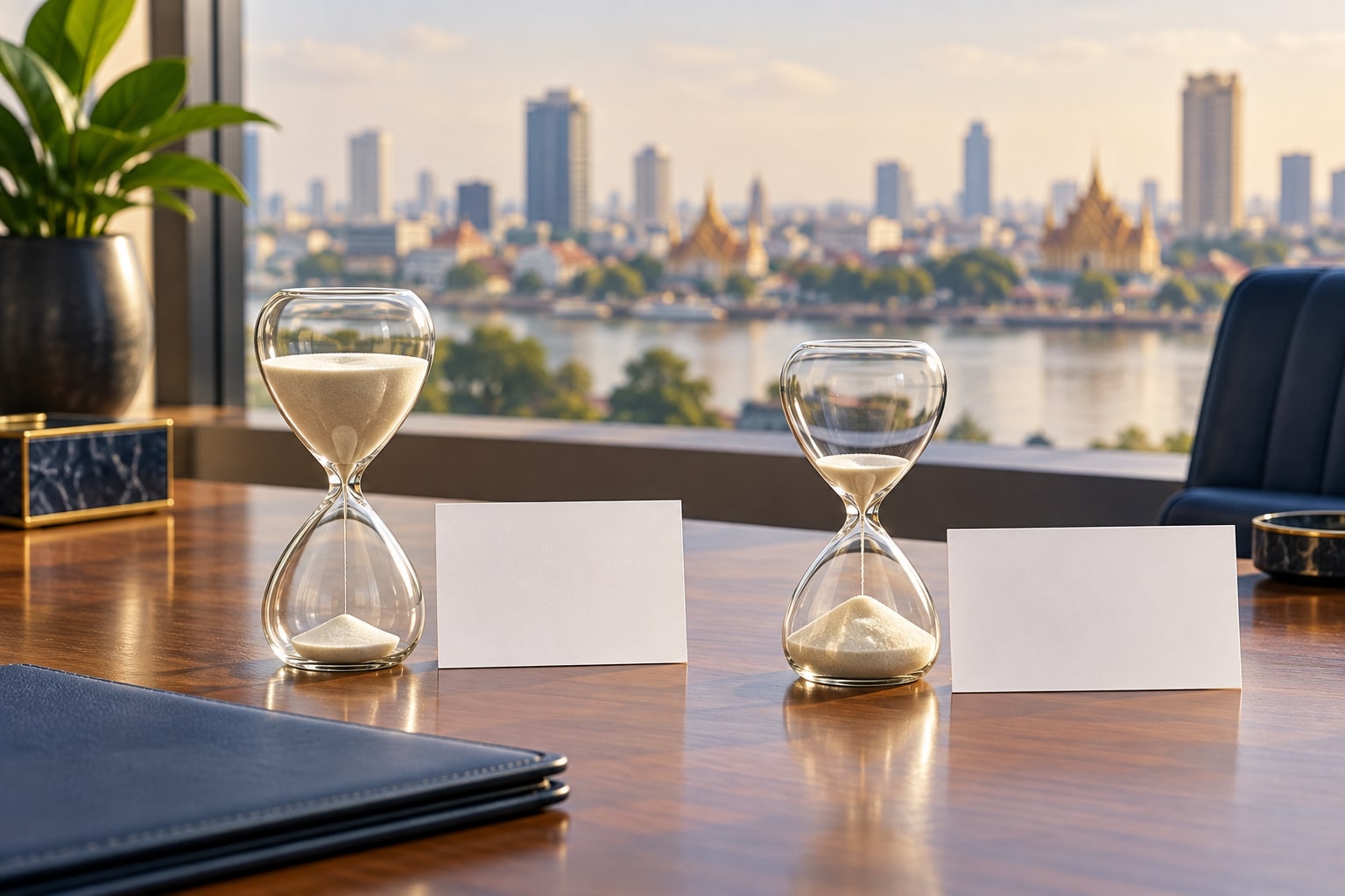 Two blank travel records beside hourglasses on a light desk