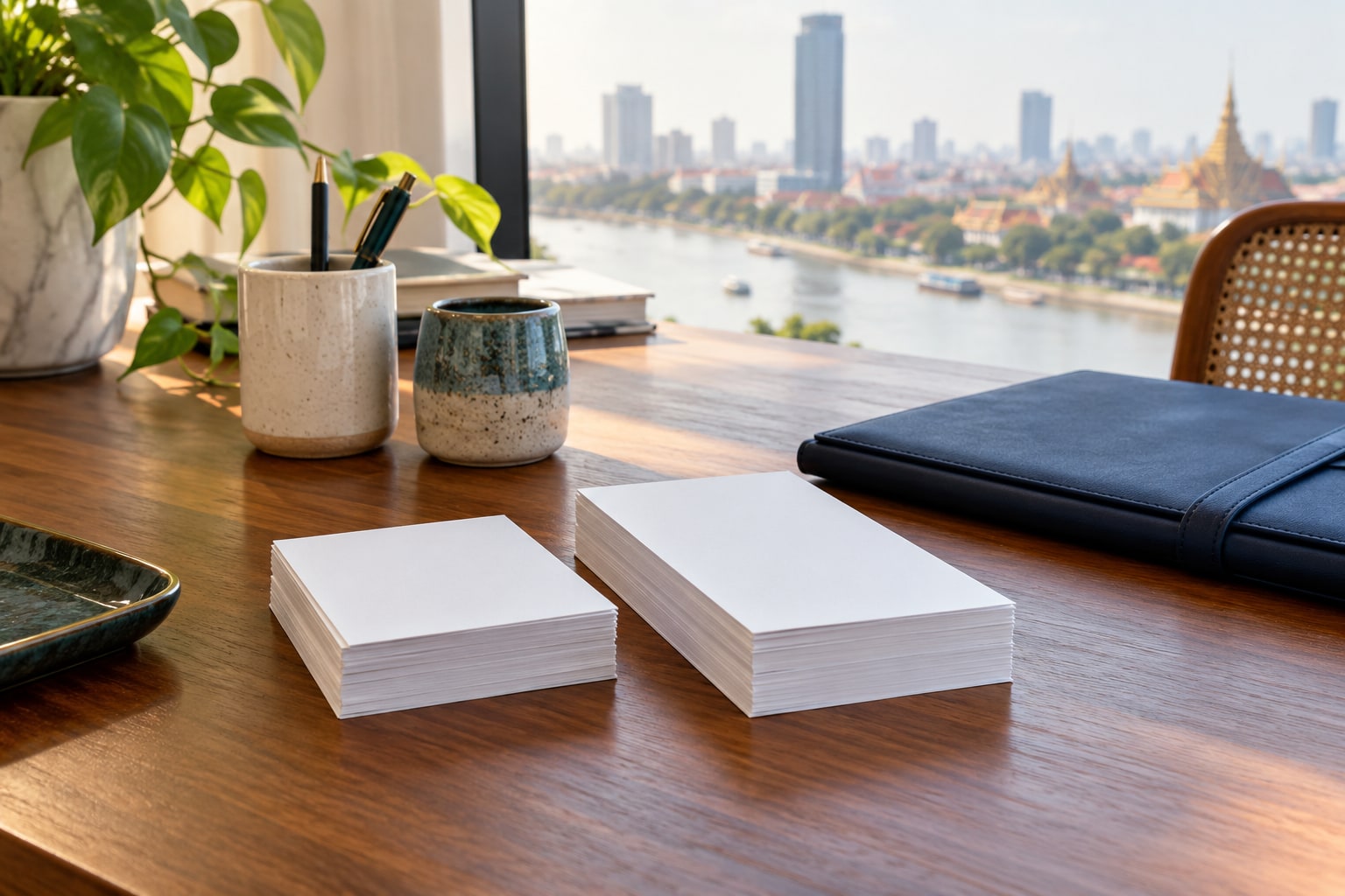 Short and long stacks of blank travel records beside navy folios