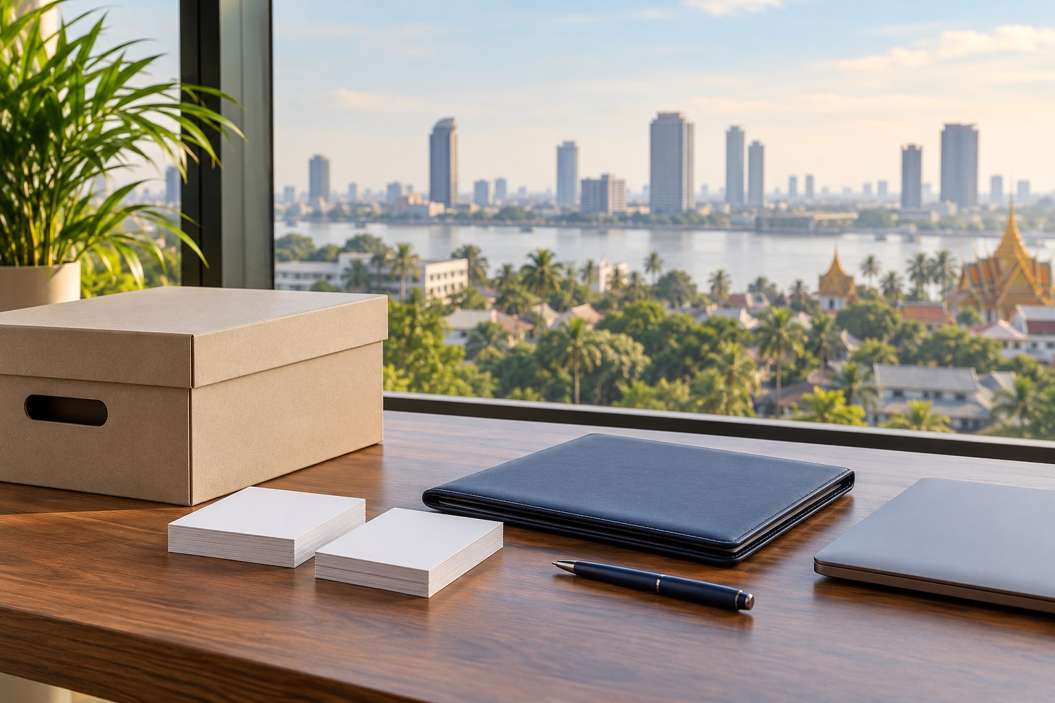 Blank handover records, archive box and navy folio in a Phnom Penh office
